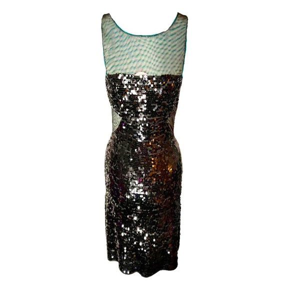 BCBG MAX AZRIA SEQUINED ILLUSION MESH BLACK SHEATH COCKTAIL DRESS LINED SMALL - Picture 7 of 15